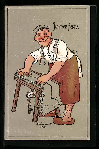 Künstler-AK sign. H. Reinhardt: Soldat bügelt mit Schürze über nackten Beinen seine Hose, `Immer feste`