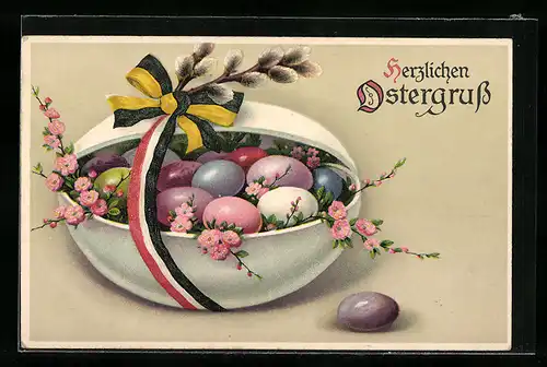 AK Herzlichen Ostergruss, Ei mit Ostereier, Fahnenband Reichsflagge & Österreich