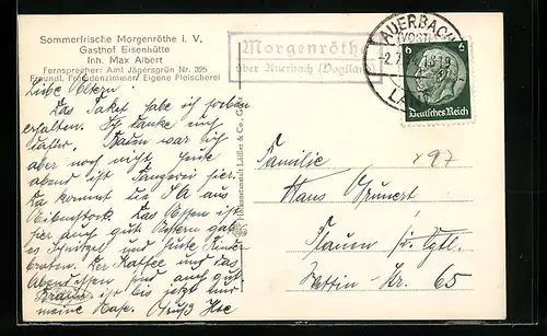 AK Landpoststempel Morgenröth über Auerbach (Vogtland)