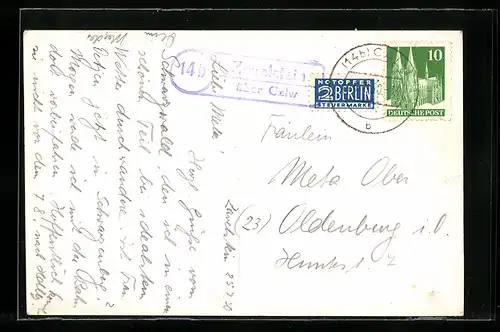 AK Landpoststempel Zavelstein über Calw