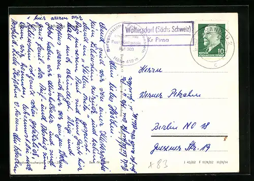 AK Landpoststempel Waltersdorf i. Sächs. Schweiz /Kr. Pirna