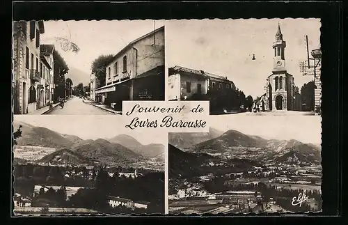AK Loures Barousse, Strassenpartie mit Geschäft, Kirche, Ortsansicht