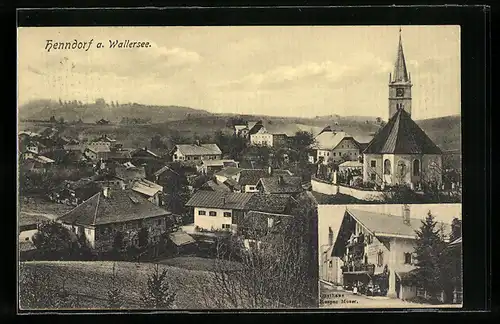AK Henndorf am Wallersee, Gasthaus Kaspar Moser, Teilansicht mit Kirche