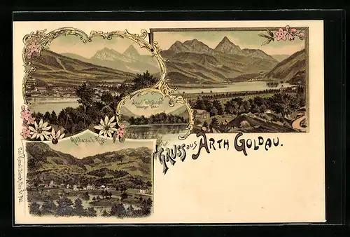 Lithographie Arth Goldau, Teilansicht mit Rigi, Insel Schwangau & Lowerzer See, Ortspartie
