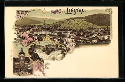 Lithographie Liestal, Oberthor mit Kirchenuhr, Kessel, Gesamtansicht