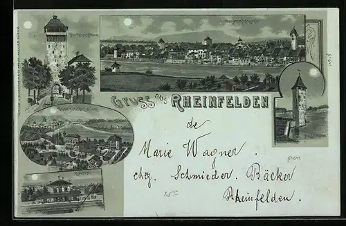 Mondschein-Lithographie Rheinfelden, Grand Hotel des Salines, Bahnhof und Storchennestthurm