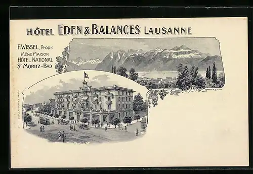 Lithographie Lausanne, Hotel Eden & Balances, F. Wissel, Propr.