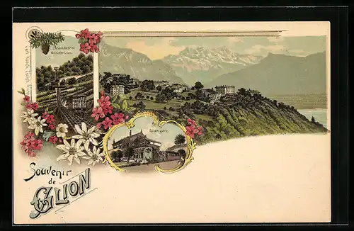 Lithographie Glion, Panorama, Chemin de fer de Territet-Glion, La Gare