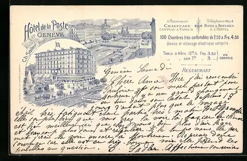 Lithographie Geneve, Hotel de la Poste, Ch. Sailer, Propre.