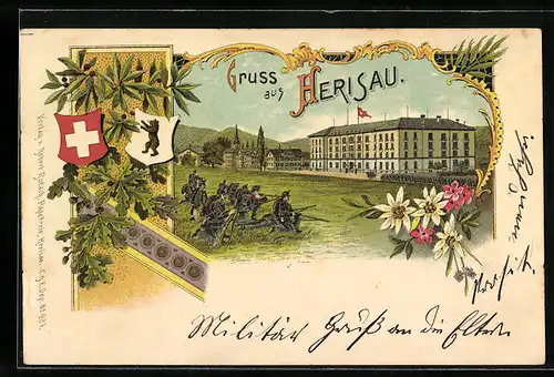 Lithographie Herisau, Soldaten auf der Wiese mit Waffen bei einer Übung, Wappen