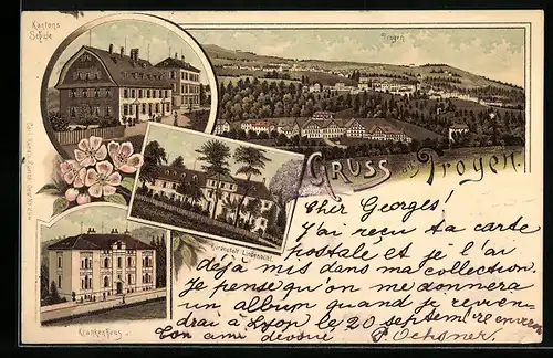 Lithographie Trogen, Krankenhaus, Kantons Schule und Kuranstalt Lindenbühl