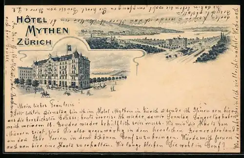 Lithographie Zürich, Hotel Mythen und Panorama der Stadt