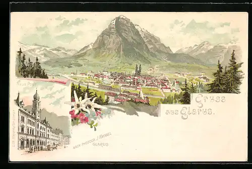 Lithographie Glarus, Panorama und Neue Post