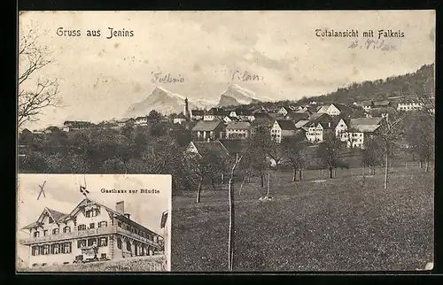 AK Jenins, Gasthaus zur Bündte, Totalansicht mit Falknis