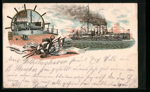 Lithographie SMS Kriegsschiff, Deck mit Geschützen