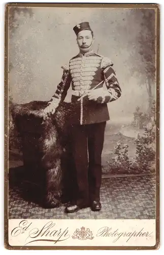 Fotografie Eduard Sharp, London, Englischer Tambour-Major in Uniform mit Stab, Rückseitig Stadt-Ansicht von London