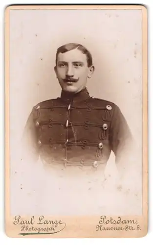 Fotografie Paul Lange, Potsdam, Portrait Husar in Uniform mit Schnauzbart