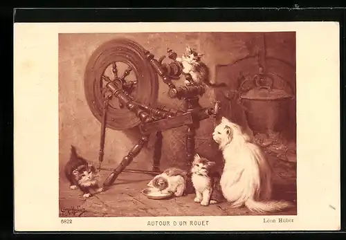 AK Katzenmutter und ihre Jungen an einem Spinnrad