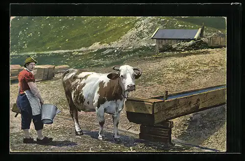 AK Almbäuerin mit Milcheimer und Kuh