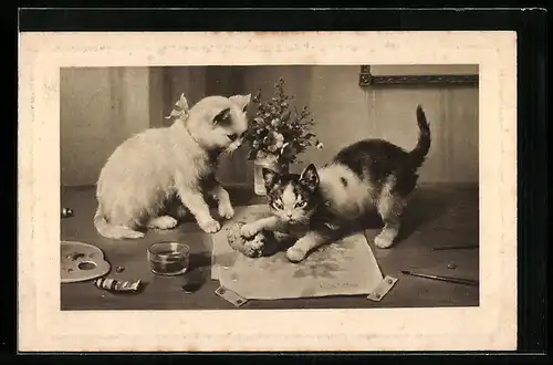 AK Zwei Katzen verzieren ein Aquarell