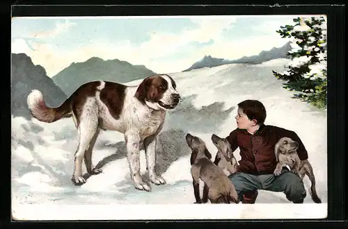AK Bernhardiner und Knabe mit Dackeln im Schnee
