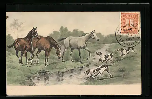 Künstler-AK M. Munk Nr. 222: Pferde stehen an einem Bachlauf