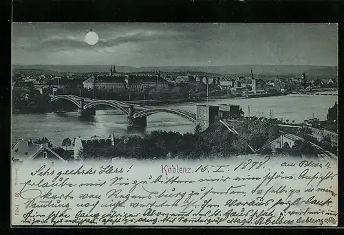 AK Koblenz, Ortspanorama mit Flussbrücke