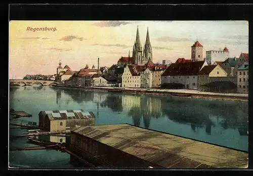 AK Regensburg, Uferpartie mit Kirche