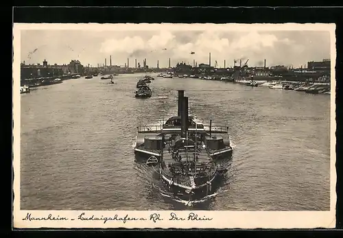 AK Mannheim-Ludwigshafen a. Rh., Der Rhein mit Dampfer