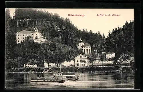 AK Linz a. d. Donau, Kalvarienberg mit Dampfer