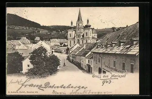 AK Mariazell, Ortsansicht mit Gasthof zur Goldenen Kanone