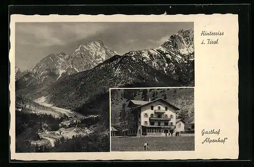 AK Hinterriss i. Tirol, Gasthof Alpenhof, Ortsansicht mit Bergen