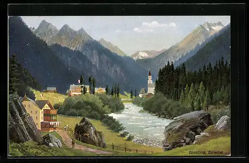 Künstler-AK Ginzling /Zillertal, Totalansicht der Ortschaft