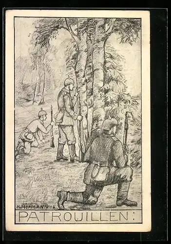 AK Patrouillen der Infanterie mit Gewehren im Wald