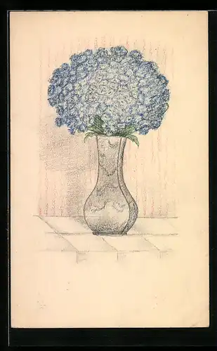 Künstler-AK Handgemalt: Vase voller blauer Blumen