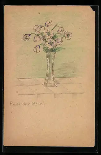Künstler-AK Handgemalt: Russischer Mohn in schlanker Vase