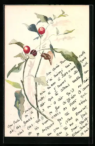 Künstler-AK Handgemalt: Zweige mit roten Beeren