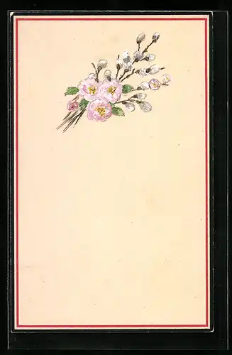 Künstler-AK Handgemalt: Wildrosen und Weidenkätzchen