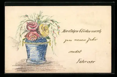 Künstler-AK Handgemalt: Gelbe und rote Rosen in blauer Vase