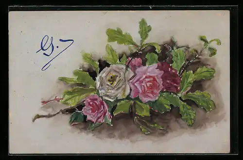 Künstler-AK Handgemalt: Rote Rosen und Eichenlaub