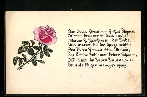 Künstler-AK Handgemalt: Rote Rose und Gedicht