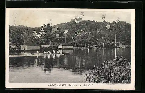 AK Hügel a. d. Ruhr, Villa, Bootshaus und Bahnhof