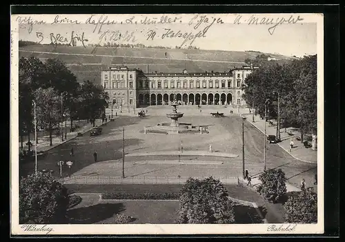 AK Würzburg, Bahnhof mit Vorplatz aus der Vogelschau