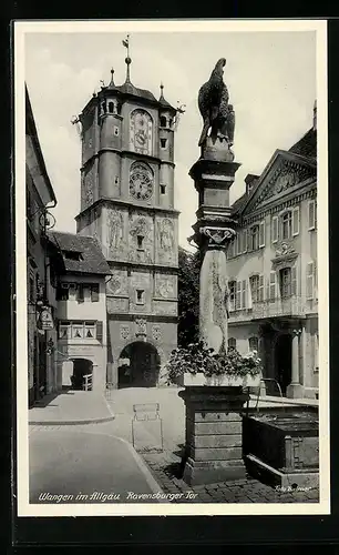 AK Wangen, Ravensburger Tor mit Statue