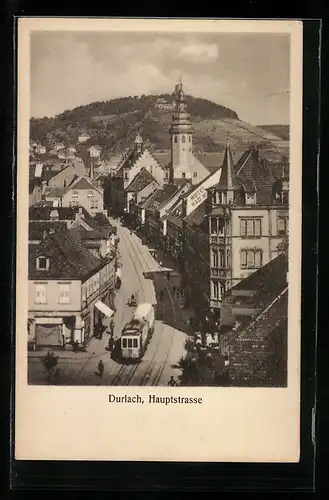 AK Durlach, Hauptstrasse aus der Vogelschau, mit Strassenbahn