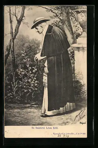 AK Papst Leo XIII. mit Gehstock an einem Parkstück