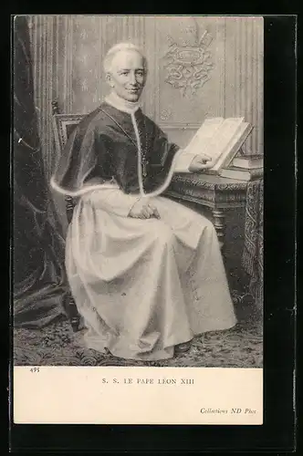AK Papst Leo XIII. mit Buch am Schreibtisch