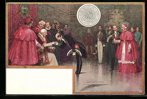 AK Audienz bei Papst Leo XIII., Im Hintergrund Geistliche