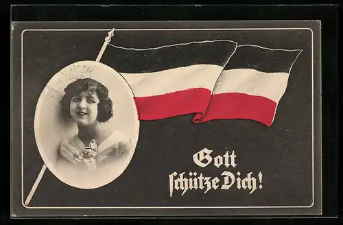 Künstler-AK Gott schütze Dich! - Nationalflagge und Portrait einer jungen Frau