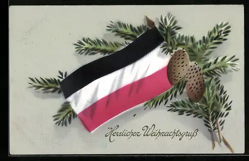 AK Tannenzweig mit Tannenzapfen und Fahne, Weihnachtsgruss